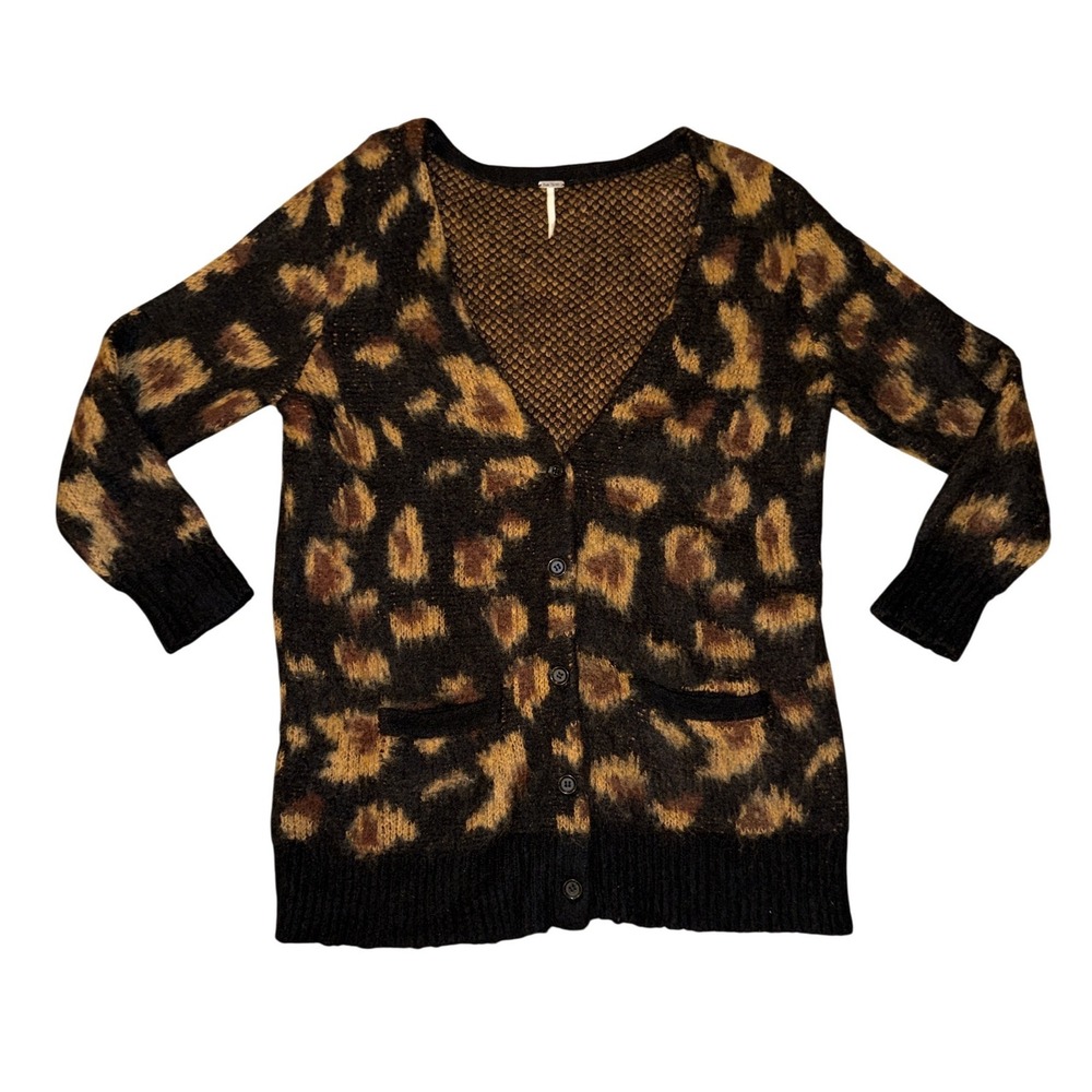 Free‎ People Cardigan Sweater Women Medium Brown Leopard Print Fuzzy Wool